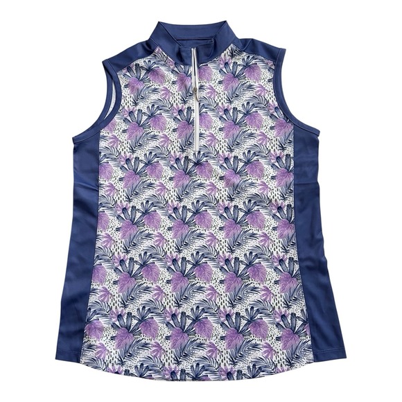 Bermuda Sands Tops - BERMUDA SANDS Quarter Zip Sleeveless Golf Top Purple Floral‎ Pullover Medium